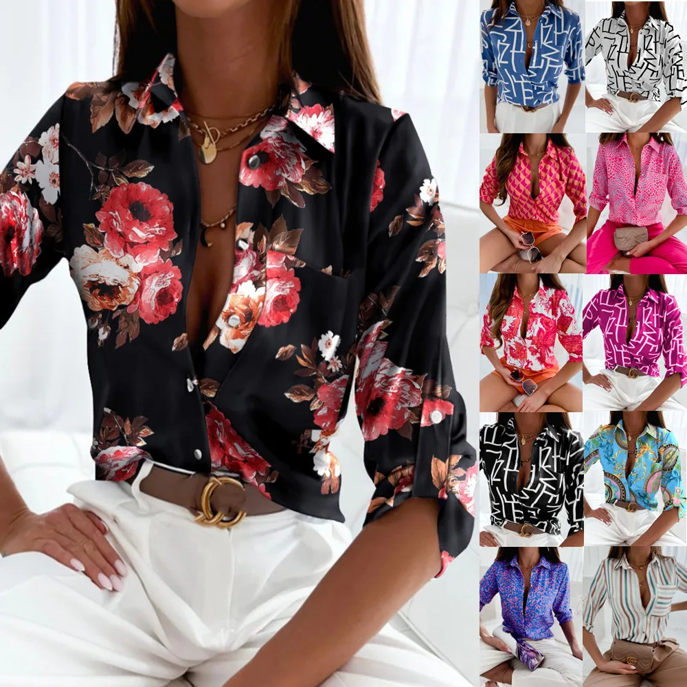 

Women's Fashion Satin Print Shirt Turn Down Collar Long Sleeve Twist Front Party Blouse