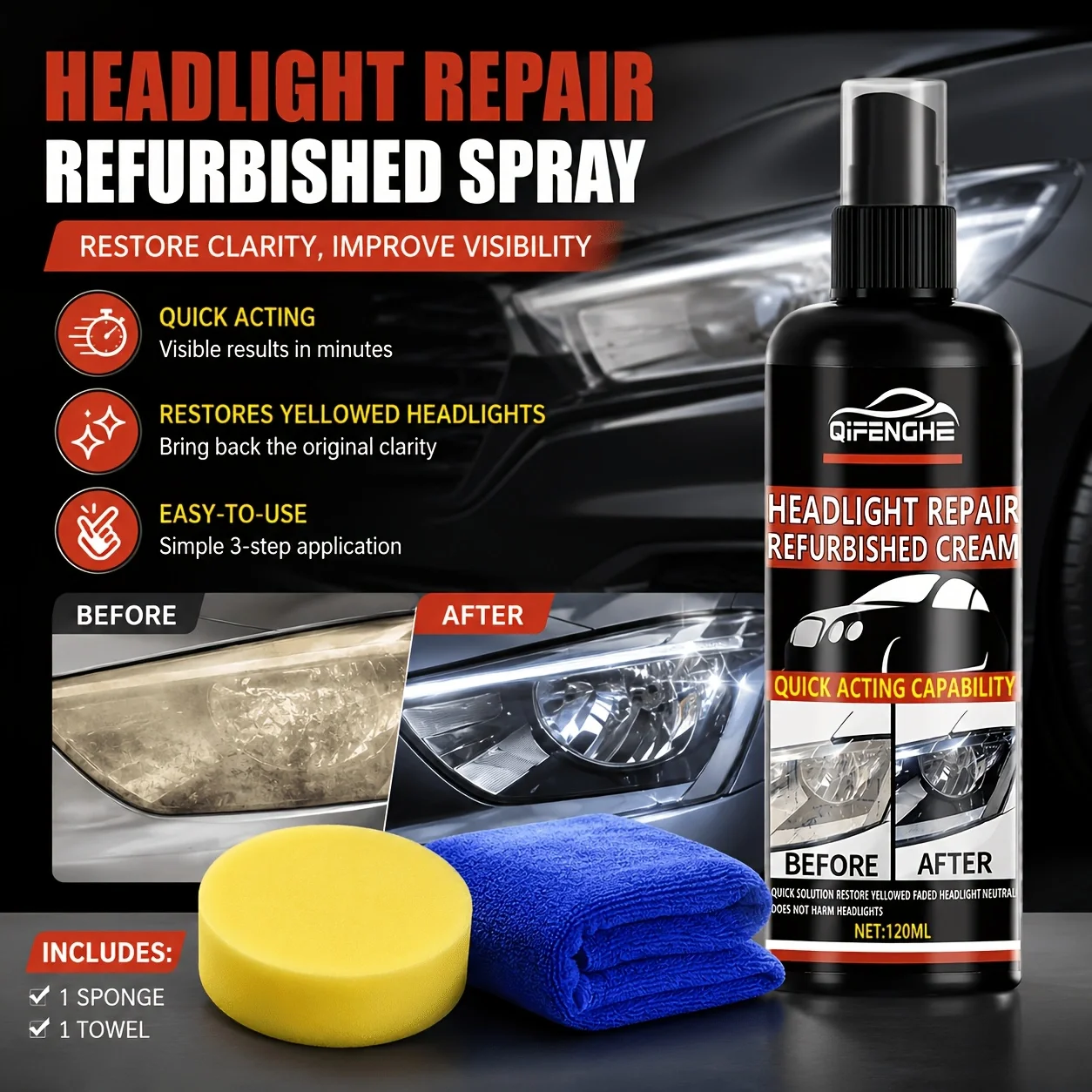 Car Headlight Restoration Spray - Efficient Repair & Polish, Long-Lasting Clarity, Ideal for Automotive Lighting