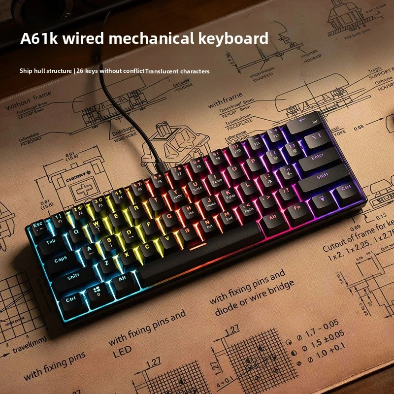 Teclado 60% teclados luz mista teclado mecânico pc usb com fio jogo e-sports escritório computador conveniente 61 teclas teclado