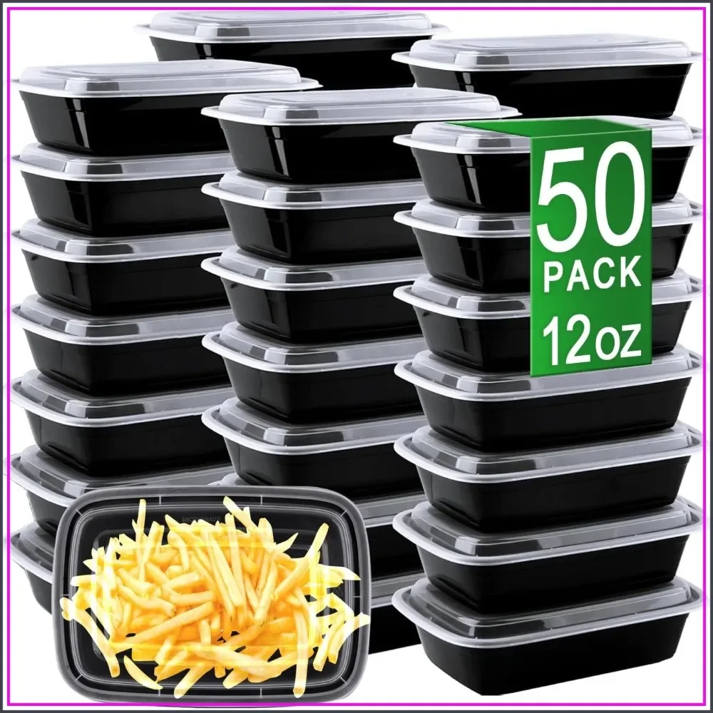 50-Pack 12oz Meal Prep Containers with Leakproof Lids, BPA-Free, Microwave & Freezer Safe, Single Compartment, Stackable To-Go Boxes
