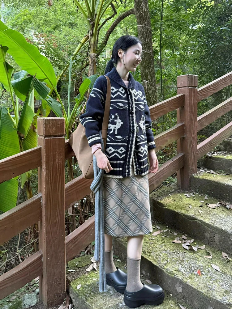 

Retro Versatile Color Blo Knitted Open Cardigan Sweater Women's Autumn Winter Lazy Sle Loose Fair Isle Trendy Top