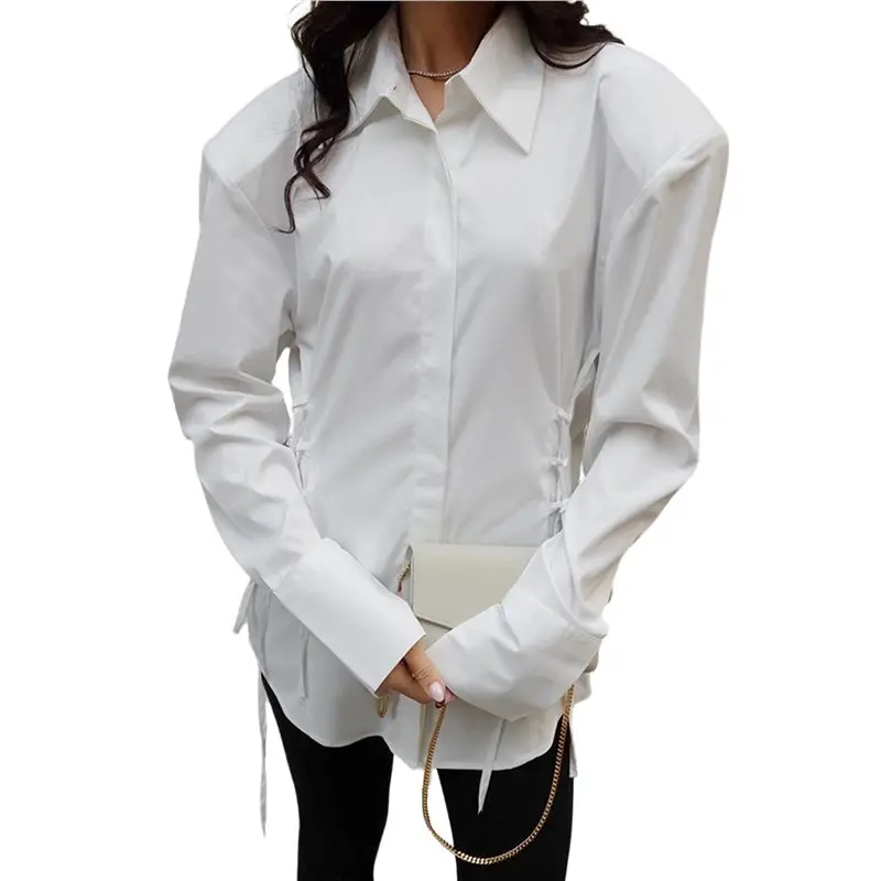 

CYL-Button Down Shirts For Women Long Sleeve Boyfriend Shirt Dress Casual Collar Split High Low Blouse
