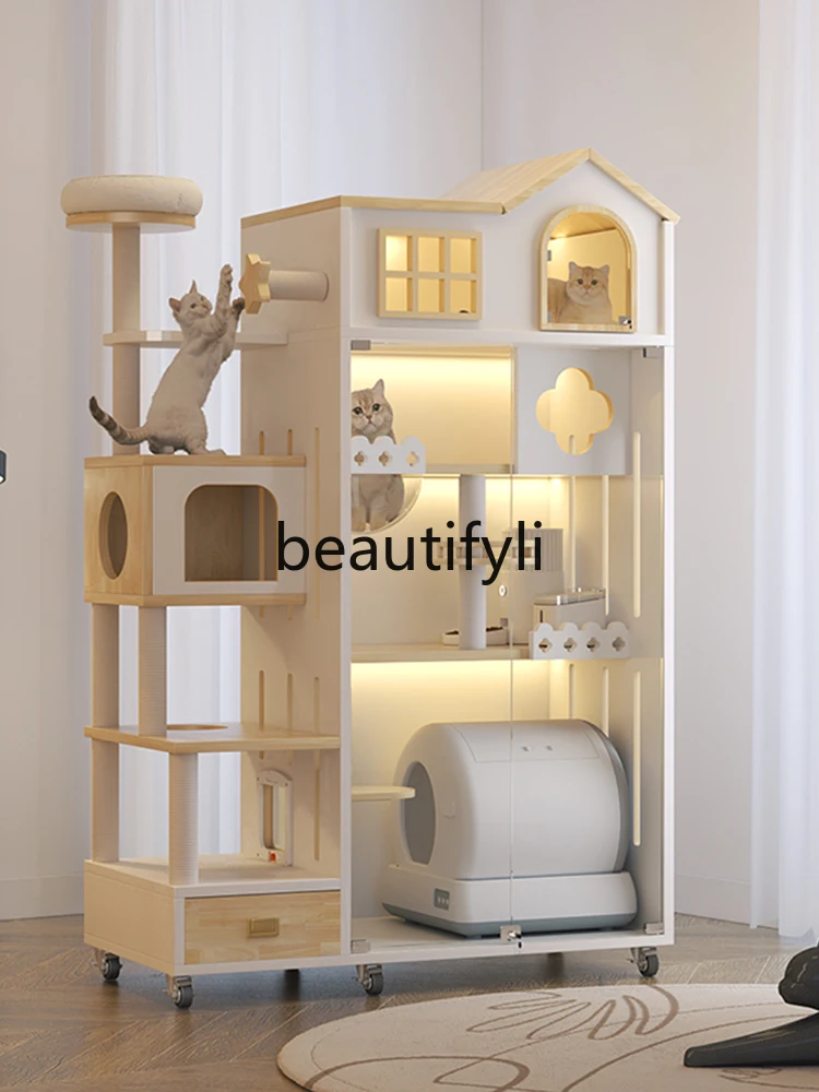 

Cat House Pet Villa Indoor Cat House with Automatic Litter Box Cabinet and Cat Climbing Frame Integrated