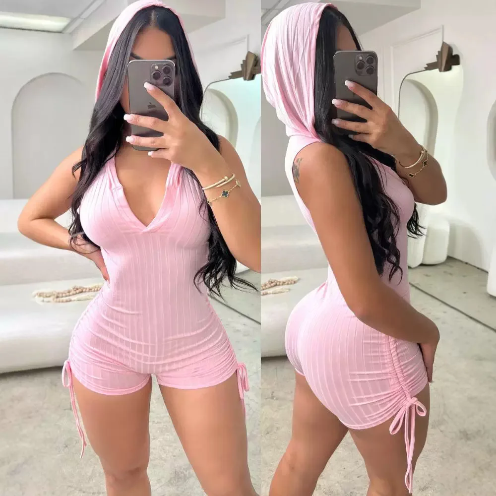 

Side Drawstring Slim Fit Sleeveless Hooded Romper Women High Waist Playsuits Shorts Pants