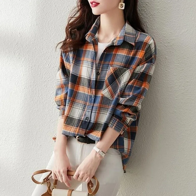 2023 Spring Autumn New Korean Vintage Long Sleeve Plaid Blouses Fashion Pockets Turn-down Collar Casual Ladies Buttons Shirt