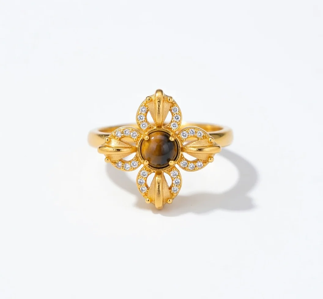 

Золотое кольцо с тигровым глазом и цирконами в стиле Ваджра для женщин, ретро, легкая роскошь, стиль Old Money, высококачественные модные украшения