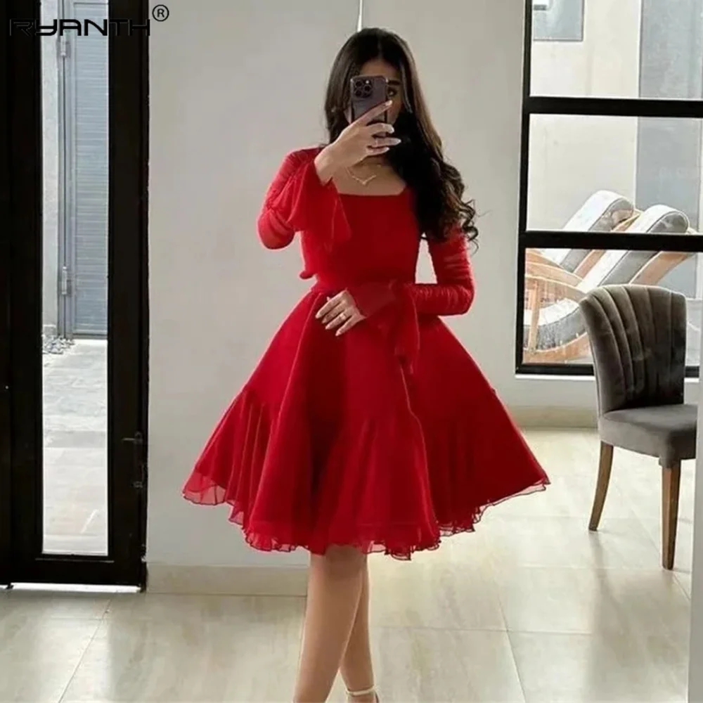 

Ryanth Prom Dresses Fashion Square Ball gown Quinceanera Fold Lace Chiffon Occasion Evening Gown robe femme soiréeفساتين سهره نس