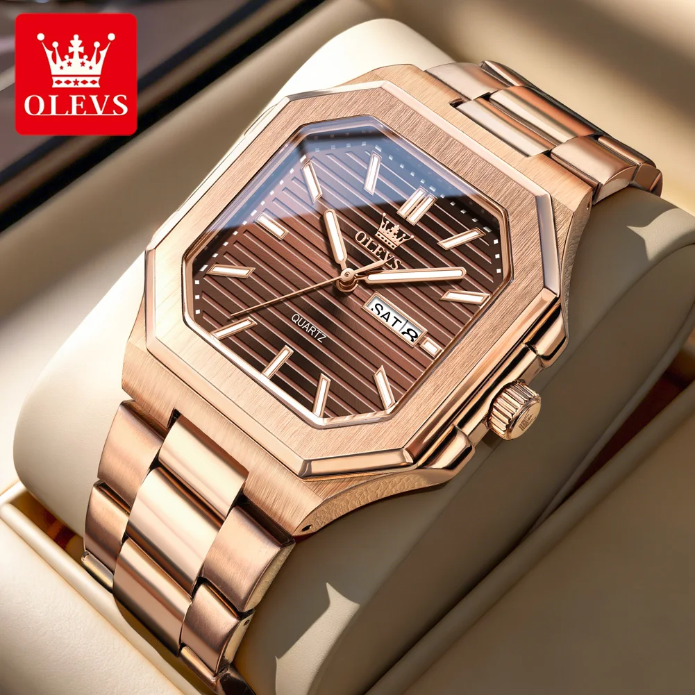 OLEVS Brand Original Square Quartz Watches Men's Classic Fashion Stainless Ssteel Waterproof Luminous Week Date Watch For Men