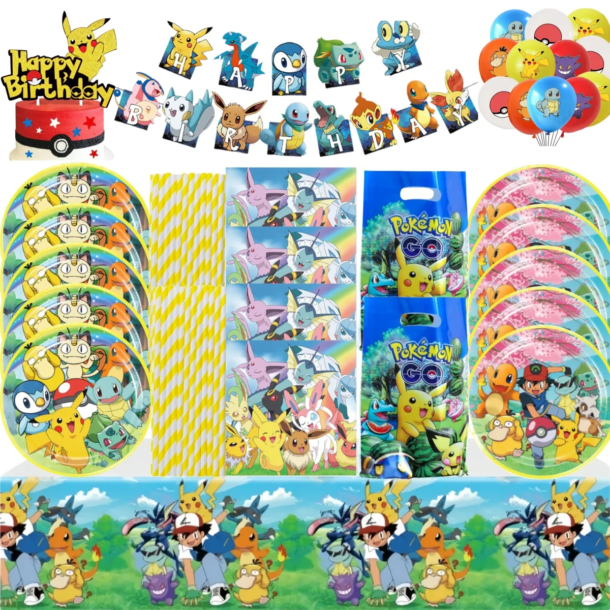 Pokemon Birthday Decoration 10pepole Pikachu Disposable Tableware set Tablecloth Plate Cup Baby Shower Kids Boys Party Supplies