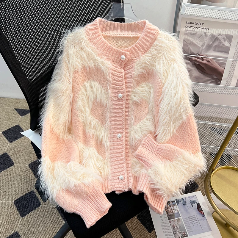 

Autumn and winter lazy wind stitching mink fleece sweater jacket women's pearl button cardigan sweet age-reducing top