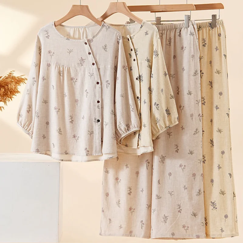 Cotton Elegant Sleepwear Pajamas Set Print Long Sleeve Home Clothes 2Pcs Soft Daily Casual Outwear Home Wear Button Night Wear