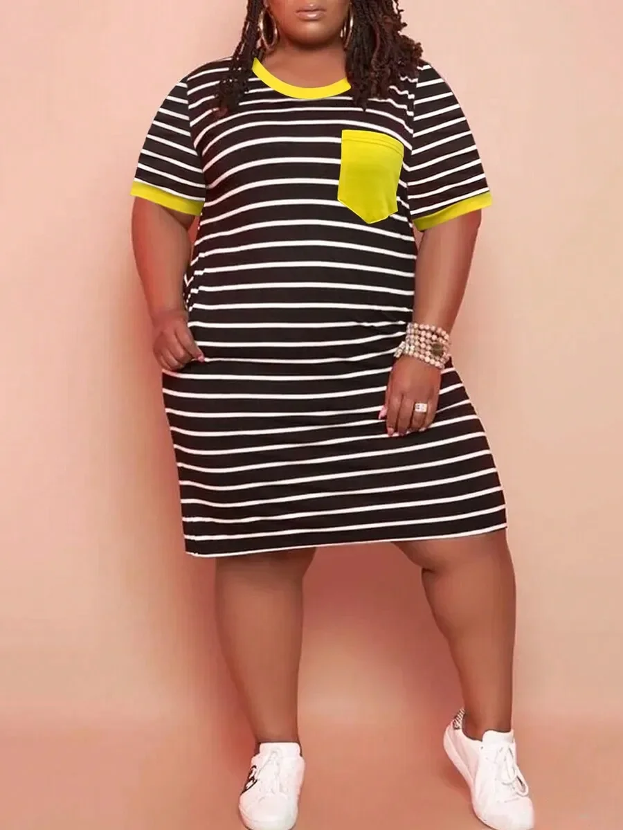 

Plus Size Women Striped T-Shirt Dress With Contrast Pocket Summer Casual
