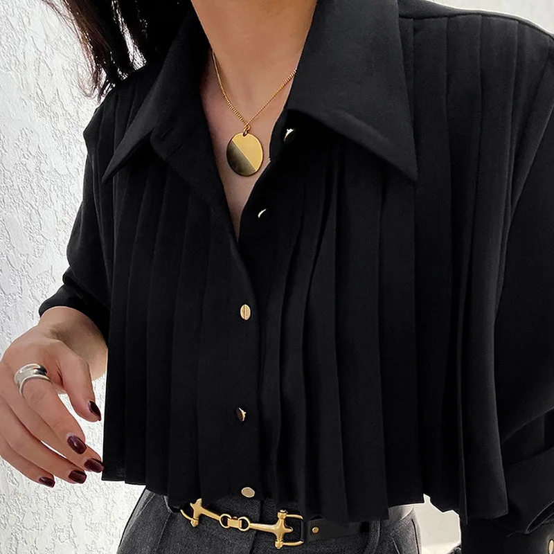 GetSpring Women Shirt 2025 Spring New Fashion Pleated Design Long Sleeve White Black Blouse All Match Loose Casual Female Tops