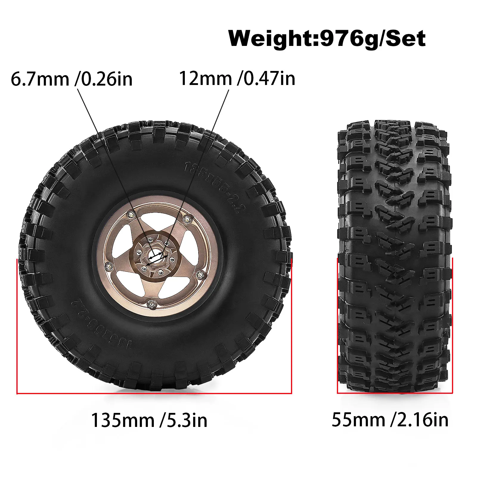 RCMMTING 135mm 2.2'' Rubber Tire & Wheels for 1/10 RC Crawler Car Axial SCX10 Wraith Traxxas TRX-4 YK4082 YK4083 RC4WD Redcat