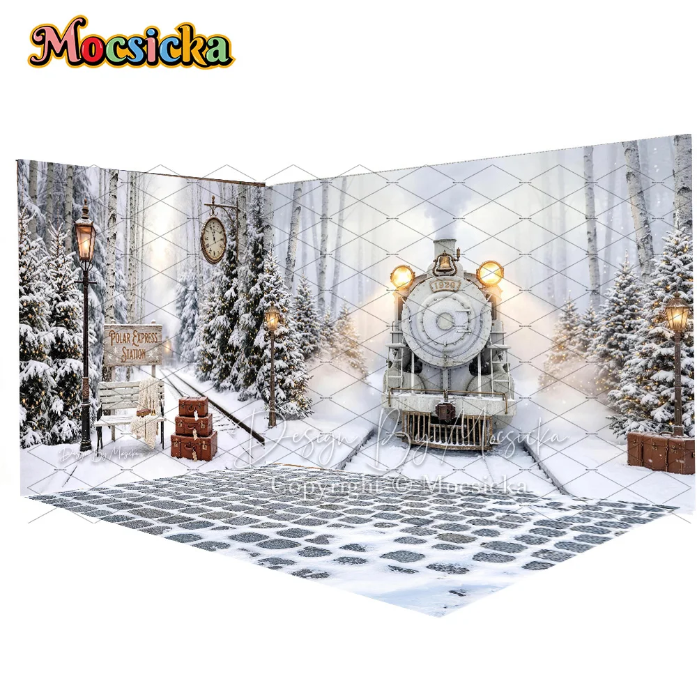 Mocsicka Christmas Backdrop Photography Snowy Polar Express Train Station Forest Lantern Backdrop Kid Holiday Family Photobooth