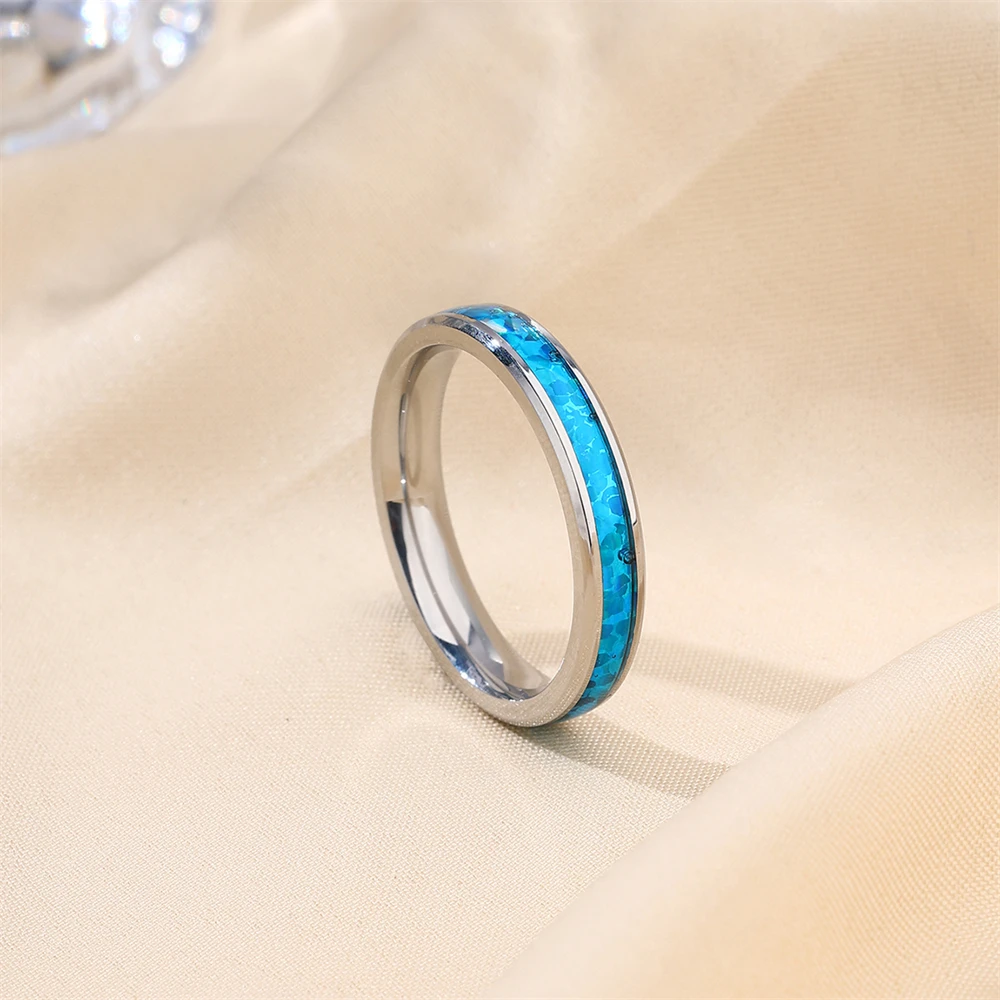 Elegant Blue Opal Rings For Women Men Minimalist Stainless Steel Party Wedding Rings Simple Fashion Jewelry Girls Gift 2024