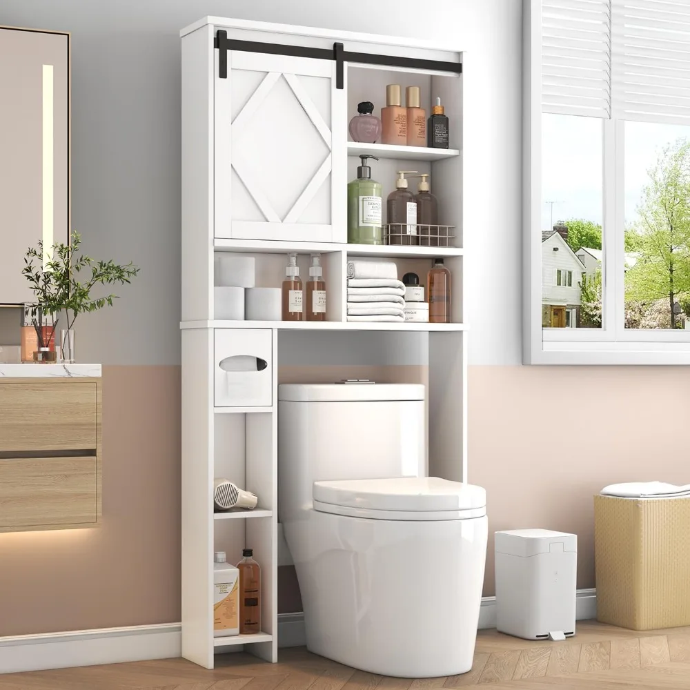 

Over the Toilet Storage Cabinet with Farmhouse Sliding Barn Door, Above Toilet Organizer with Toilet Paper Holder Stand.