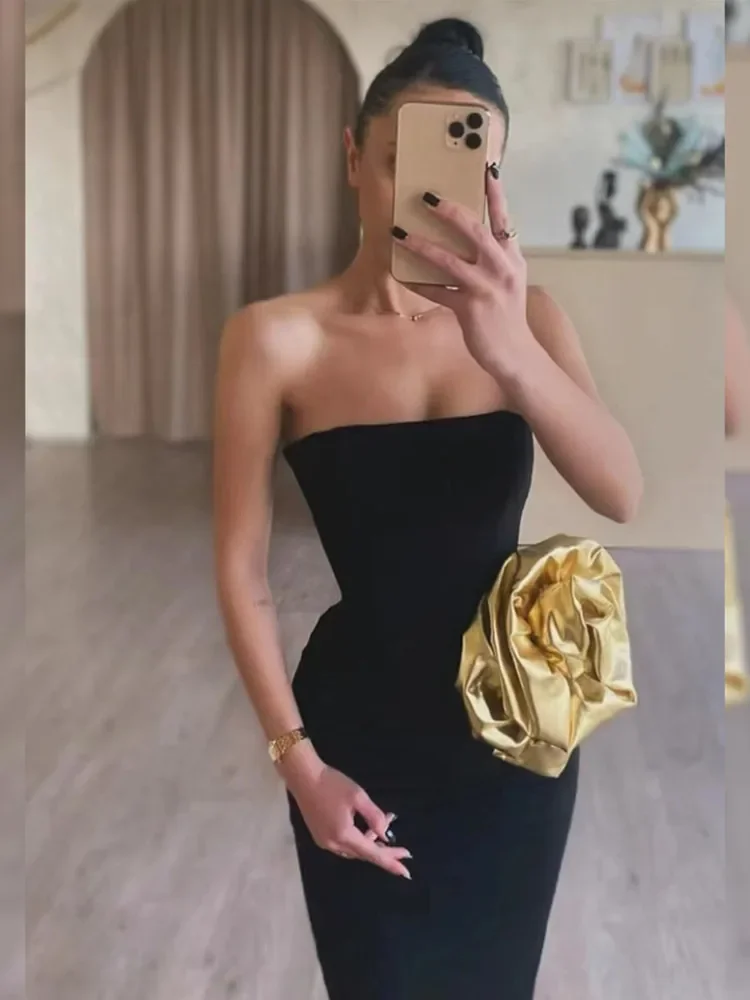 

2024 Women Celebrity Sexy Strapless Backless Flower Black Maxi Long Bodycon Bandage Dress Elegant Evening Club Party Dress