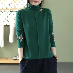 High Neck Embroidered Base Shirt Ethnic Style Retro Style Worn Outside Double-sided German Velvet Base Shirt Long Sleeved Top