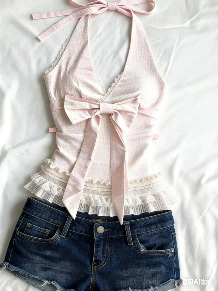 

Summer Sweet Vintage 2 Piece Set Women Spicy Girl Sexy Bow Slim Vest Y2k High Waist Denim Shorts Harajuku Stree Fashion Outfits