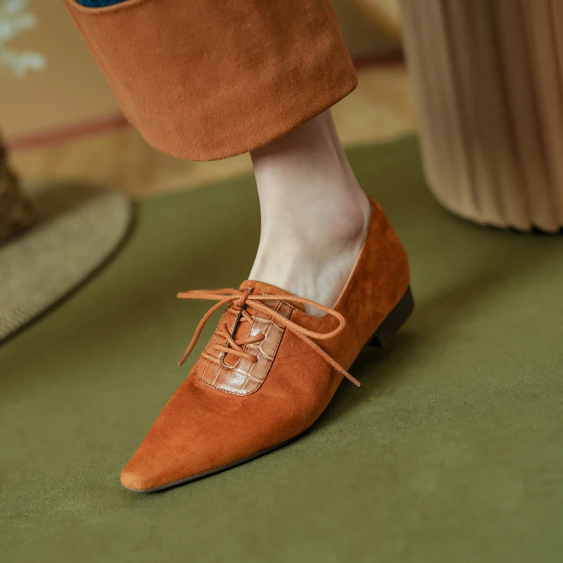 Women Flats Lace-Up Pointed Toe Simple Shoes French Style Elegant Women Shoes New Spring Atumn Sheepsuede Vintage Footwear