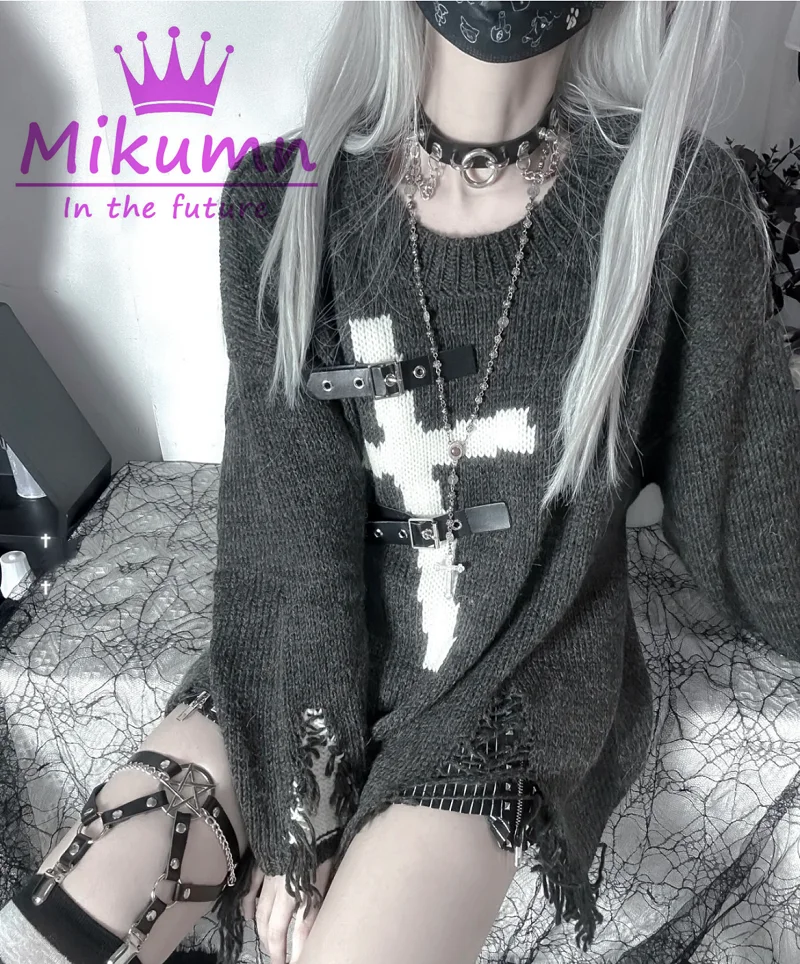 Harajuku Y2k หลวมแขนยาว Sweather Gothic Cross โลหะ Buckle Punk ผู้หญิงถัก Chic Streetwear