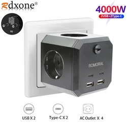 EU Wall Socket Extender with 4 AC Outlets 2USB Ports And 2 Type C 7-in-1 EU Plug Charger On/Off Switch for Home