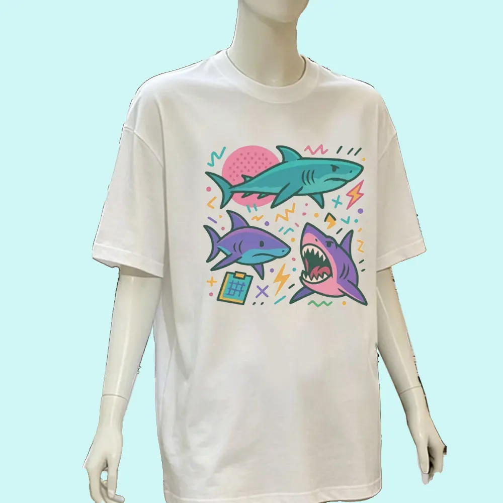 Retro Shark Vintage Graphic Tee 90s Ocean Lover Tees Funny Sea Creature Clothes Marine Biology Gift Oversized Shark Top