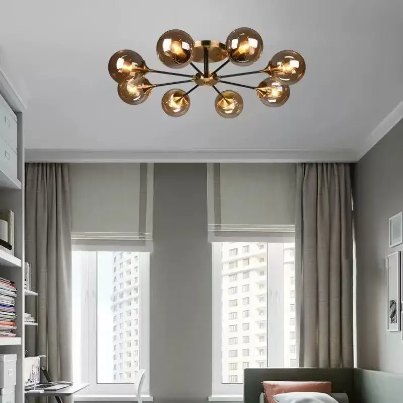 Bloom Smoked Glass Globe Sputnik Chandeliers Gold 16-Light Mid Century Starburst Chandeliers Bubble Flush Mount Ceiling Light Fi