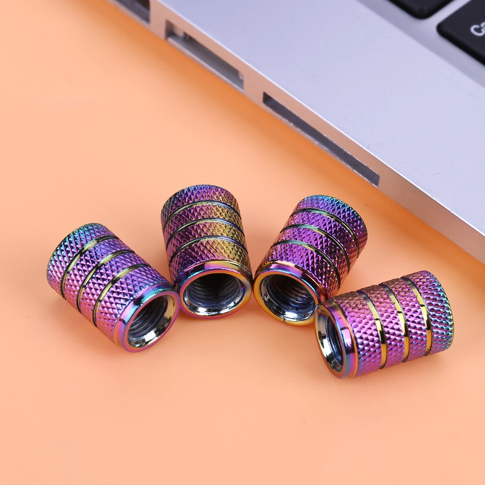 4pcs Rainbow Color Aluminum 3-Groove Style Car Wheel Tire Valve Caps Covers