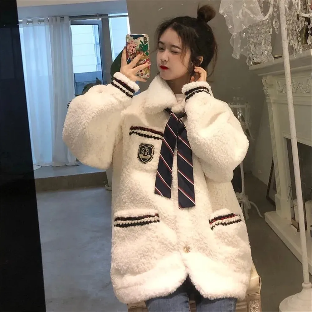 Winter Loose Thickened Warm Faux Lamb Fur Coat Women Solid Pockets  Japanese Fashion Outwears Korean Students Lady Jk Jacket