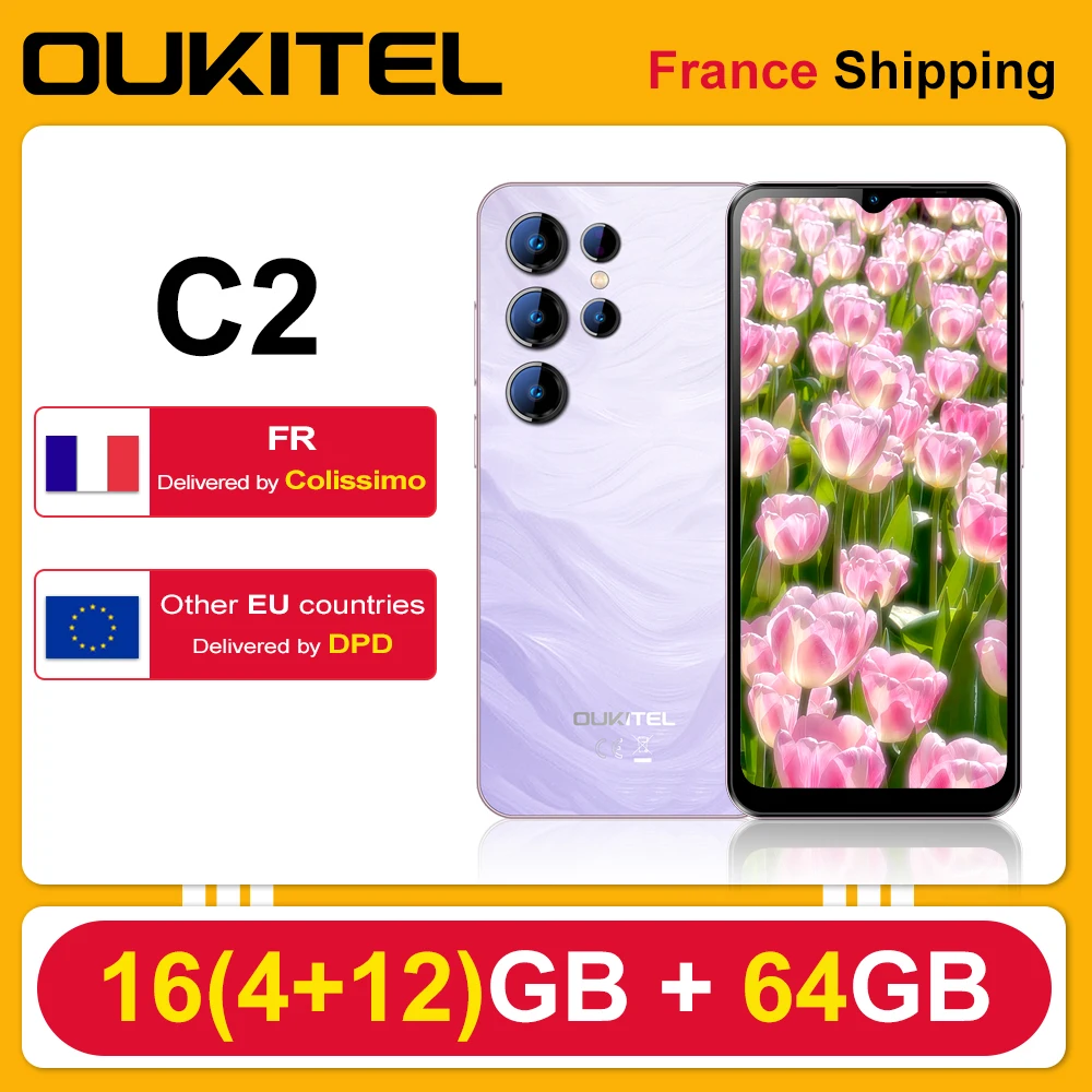 OUKITEL C2 Android 14 Smartphone 16(4 +12)GB RAM 64GB ROM 6.52 "HD + 5000mAh 13MP 60Hz téléphone OTG double SIM GPS téléphone portable