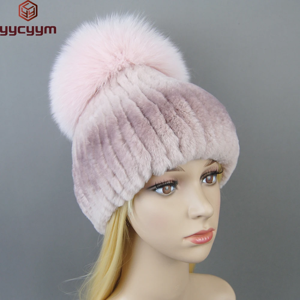 

Winter Lady Natural Rex Rabbit Fur Hat Women Warm Soft Genuine Rex Rabbit Fur Cap + Silver Fox Fur Ball Knitted Real Fur Caps