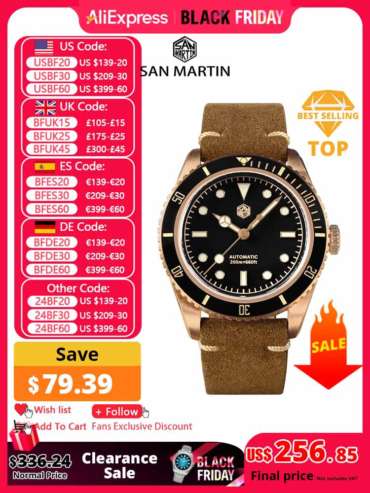 San Martin 38mm Vintage 6200 CuSn8 Bronze Diver Luxury Men Watch PT5000 SW200 Sapphire Automatic Mechanical 20Bar Leather Strap