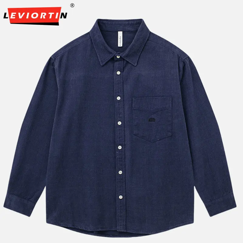 

2025 Spring and Autumn men's Japanese retro pure cotton thick long sleeved shirt simple casual loose pocket decoration shirt