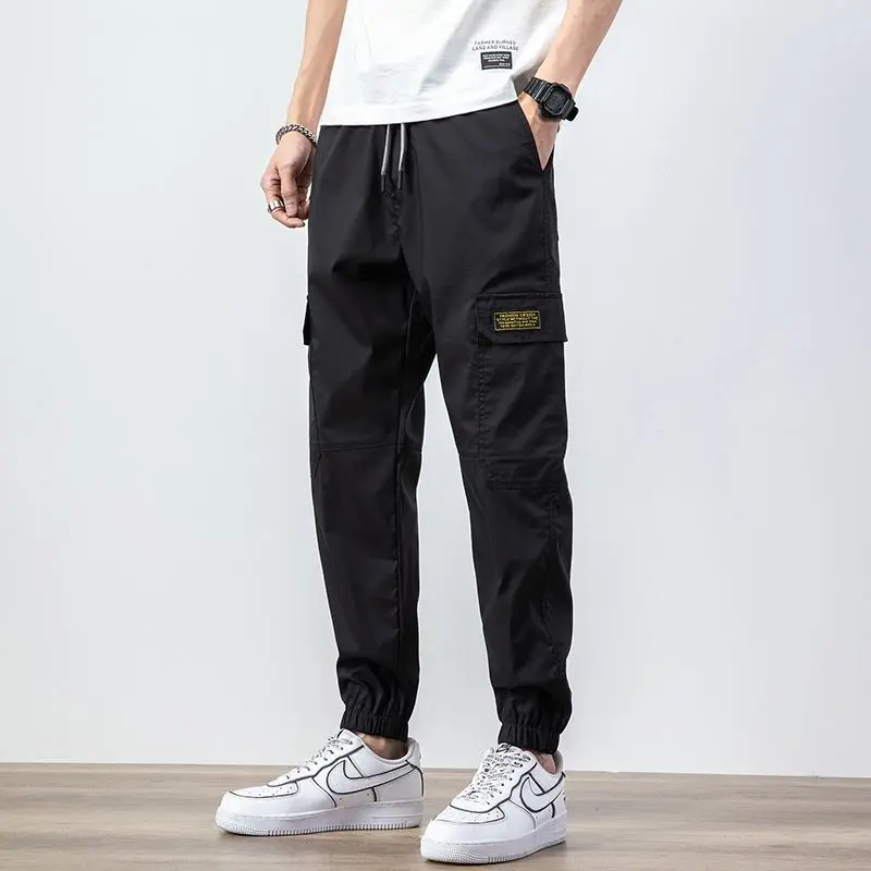 Spring Summer Solid Color Patch Men's Cargo Pants Classic Multiple Pockets Waist Drawstring Street Casual Male Trousers 2023