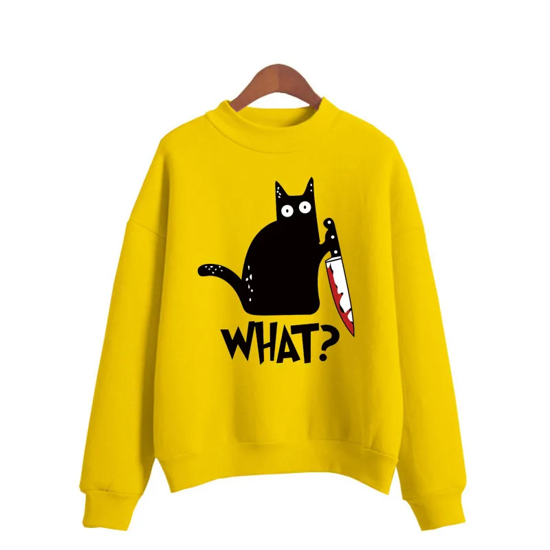 Gato preto assassino o quê? Impressão surpresa mulher sweatshirts doce coreano o-pescoço de malha pullovers outono doce cor roupas femininas