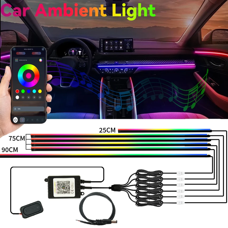 자동차 실내 심포니 LED 앰비언트 라이트 아크릴 키트 앱 제어 다중 모드 RGB 네온 자동차 분위기 장식 램프