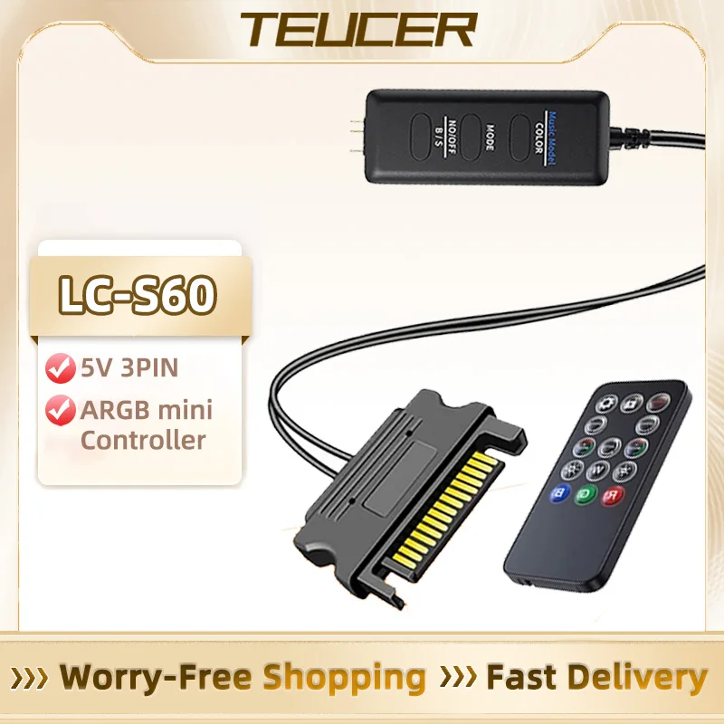 TEUCER  LC-S60 ARGB Controller Cable 5V 3PIN to SATA Interface Extension Controller with Remote Control for PC Cooling Fan