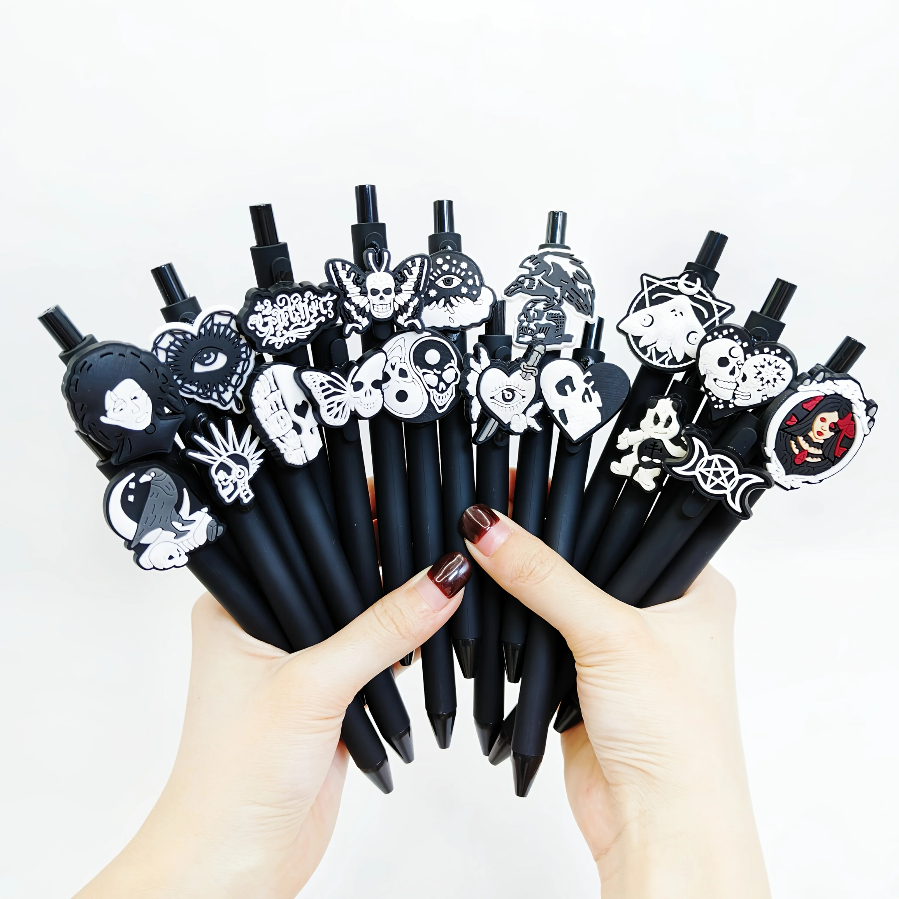 

15PCS black series European and American funny ballpoint pen goth dark wind theme patch pen black ink quick-drying pen