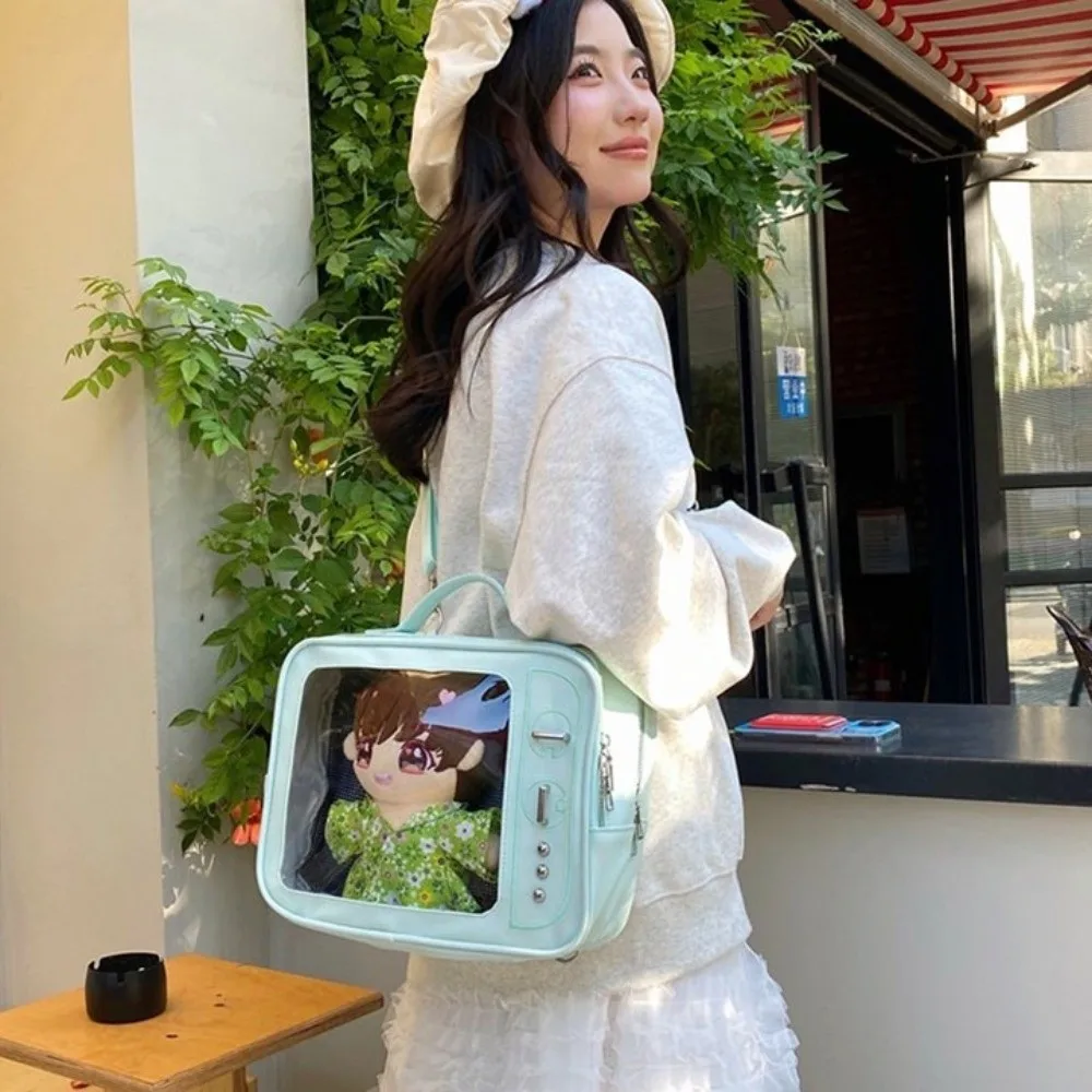 Fashion PU TV Model Backpack Large Capacity Lightweight Transparent Layer Ita Bag Hand-held Display Layer Shoulder Bag Girl