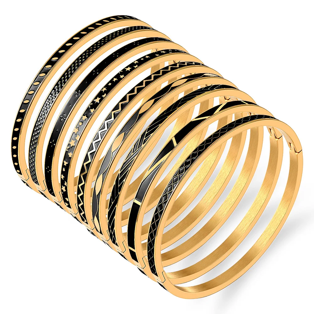 Zalman Geometric Line Design Enamel Balck Bangle Gold Color Women Stainless Steel Simple Cute Bracelet Never Fade Wholesale 2023