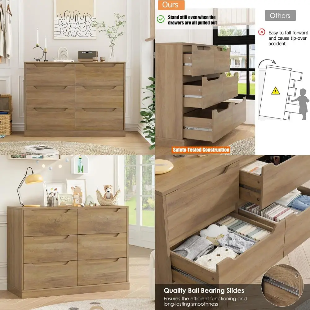 

Элегантная мебель для спальни с 6 ящиками, двойным комодом и большим деревянным шкафом для хранения вещей для гостиной в деревенском стиле, цвет коричневый.