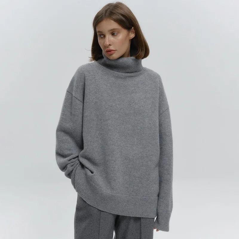 

Talenza Grey High Neck Sweater Female Autumn Solid Loose Casual Basic Knitted Sweater Fashion Warm Commuter New Pullovers Women