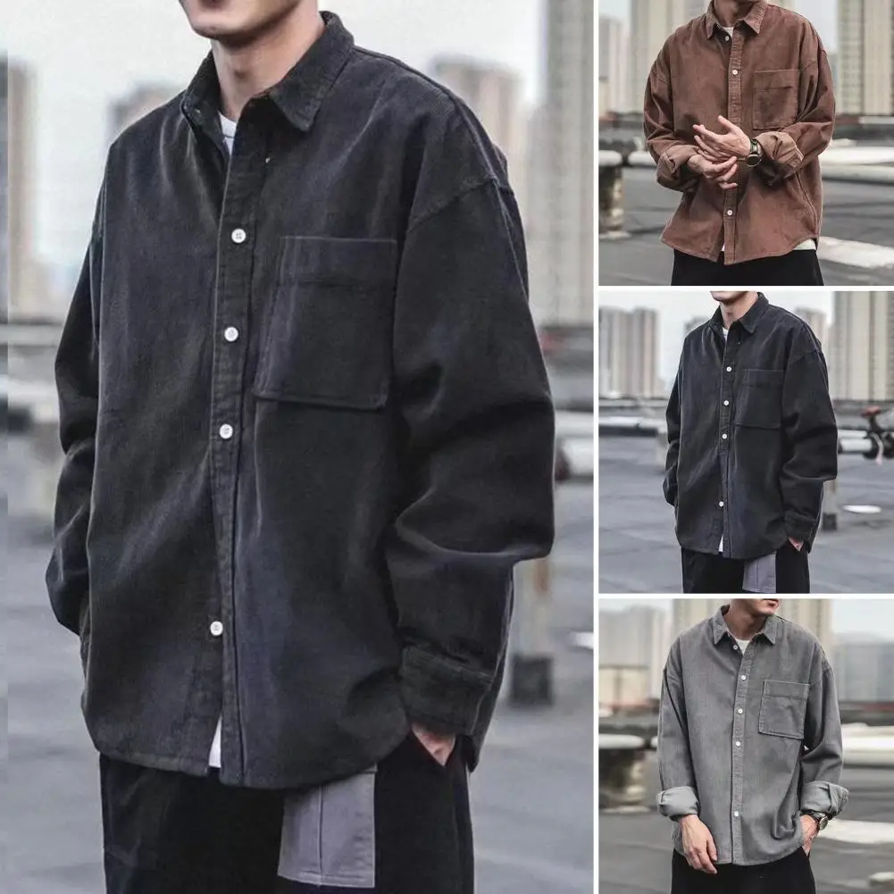 Men Autumn Shirt Loose Long Sleeves Lapel Corduroy Vintage Thermal Korean Style Casual Solid Color Spring Coat Male Clothes