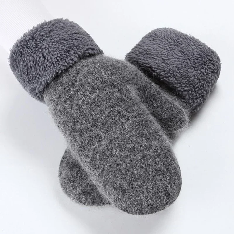 Winter Velvet Gloves Women Soft Wool Double-Layer Knitting Warm Mittens Girls Solid Color All Fingers Cashmere Gloves