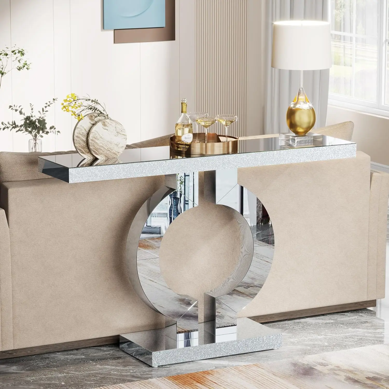 Mirrored Console Table with O-Shaped Base, 43-Inch Modern Entryway Glass Sofa Table with Mirror Finish for Living Room, Silver