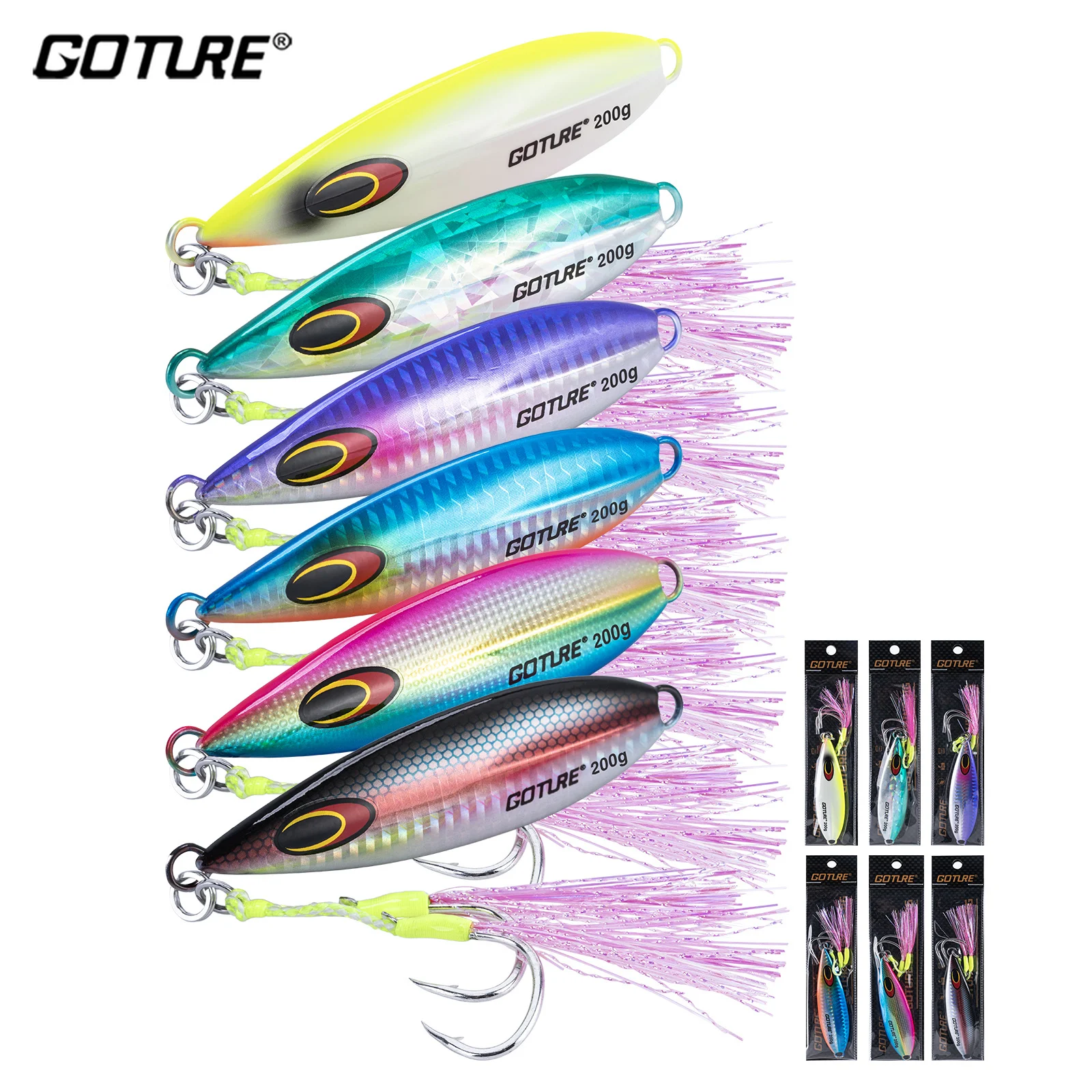 

Набор рыболовных приманок Goture, 6 шт., для морской рыбалки, вертикальные медленно плавающие металлические блесны с вспомогательными крючками для тунца, баса, групера
