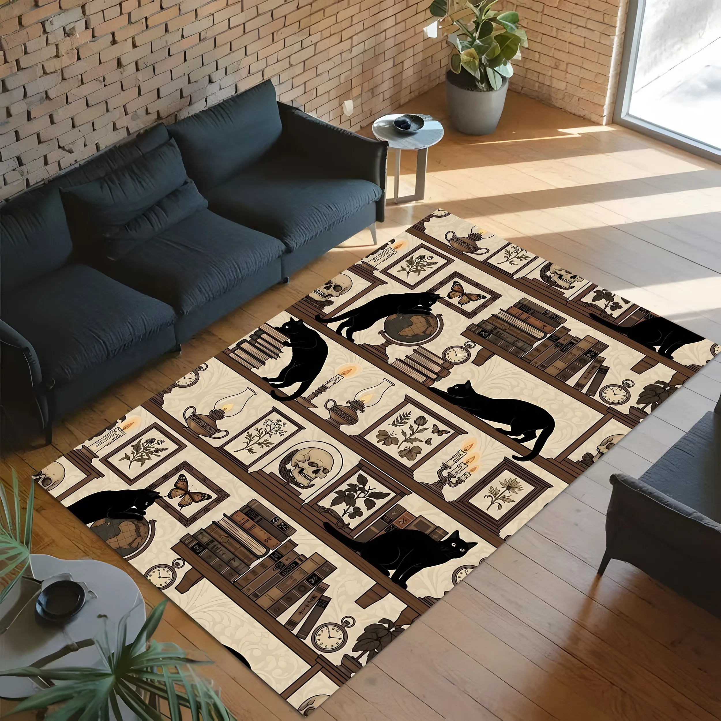 Black Cat Print Vintage American Medieval Velvet Rug for Entryway Bedside Living Room Lazy Retro Home Decor