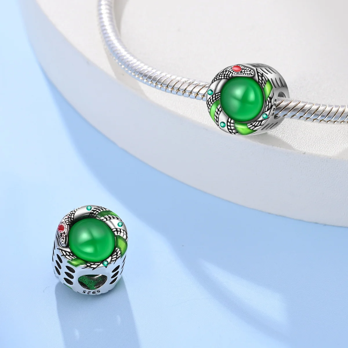 

925 Sterling Silver Charms Original Green Spirit Snake Beads Fit Bracelet Jewelry Diy Lady's Gift Accessory